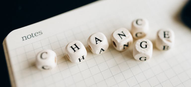 dice on a notebook spelling chance and change