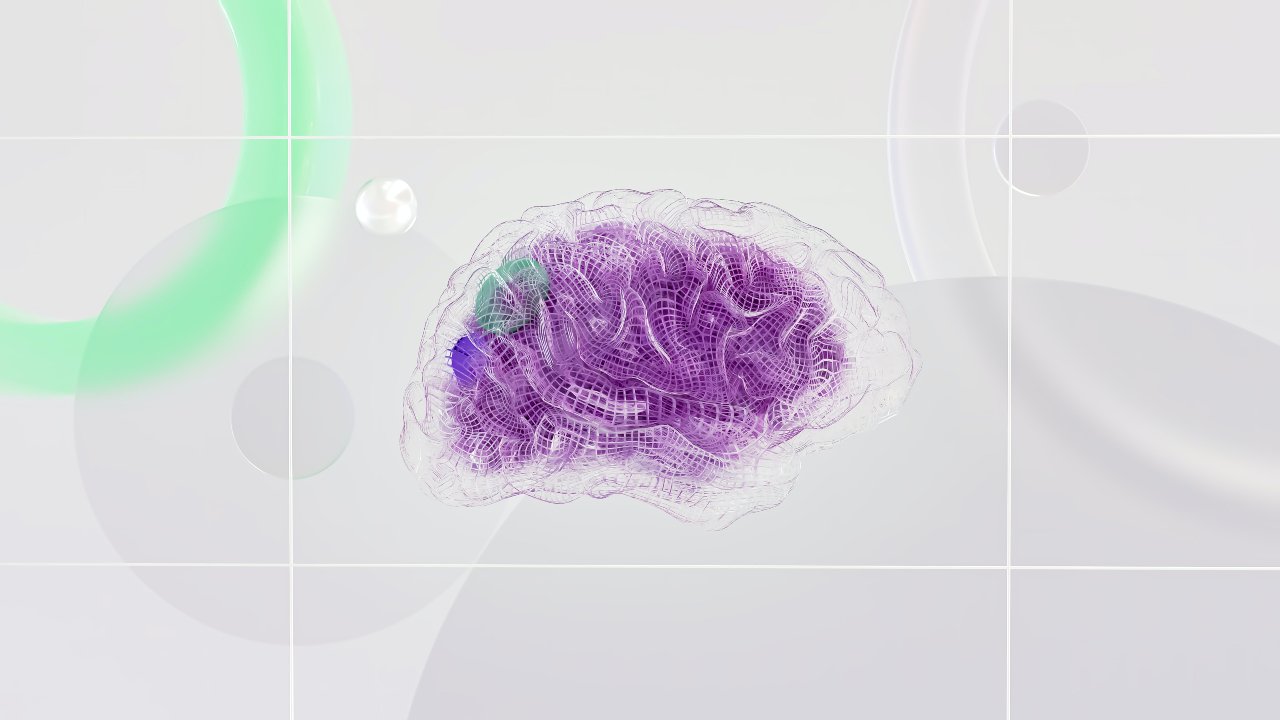 A digital illustration of a human brain with a wireframe design in purple against an abstract light background.