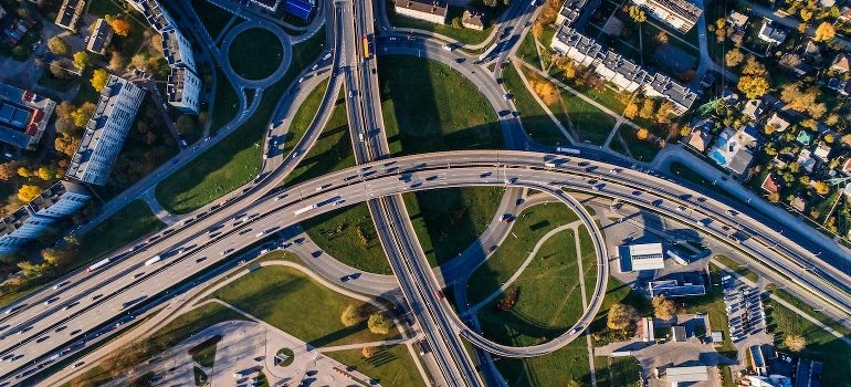 Aerial view of the buildings and roads.