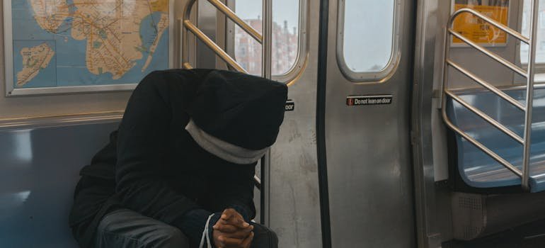 Person sitting in a subway.