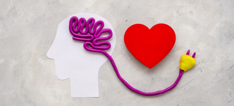 A model of a brain coming out of the profile of a human head, it becomes a cable and there is a red heart, too