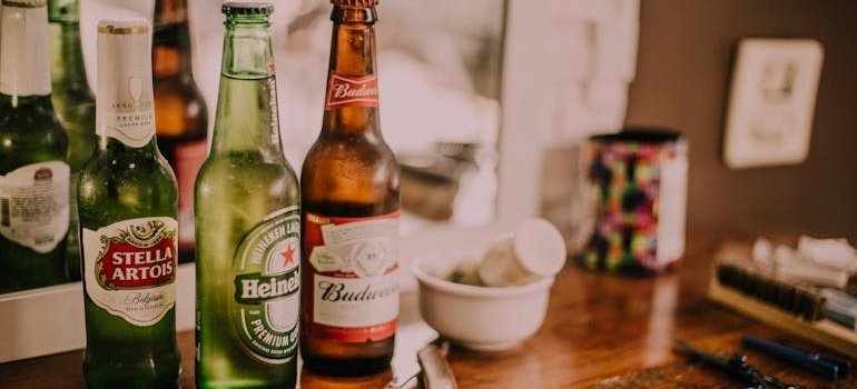 Beer bottles on a table.
