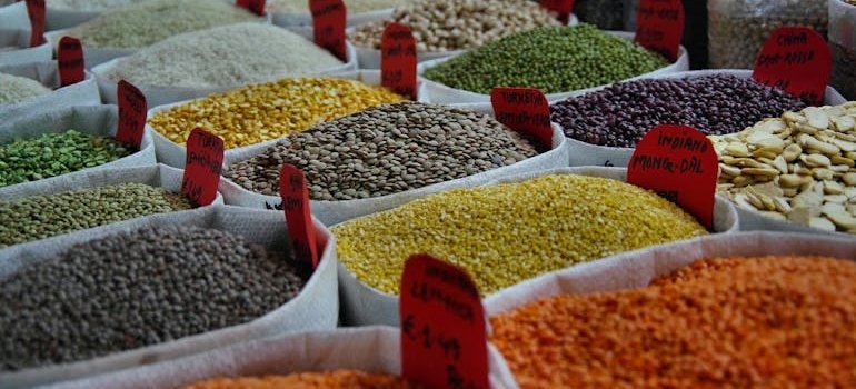Different types of grains in white boxes.
