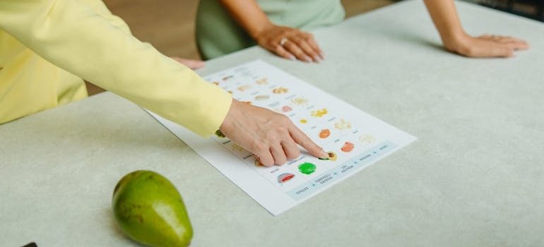 Nutritionist pointing to a paper.