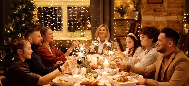 People enjoying a family dinner. 