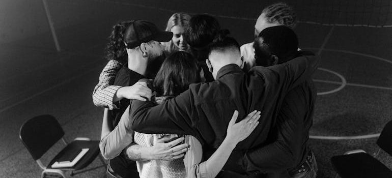 People from a support hugging after talking about ADHD and Ritalin.