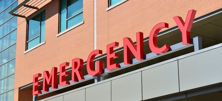 Emergency sign in front of a hospital.